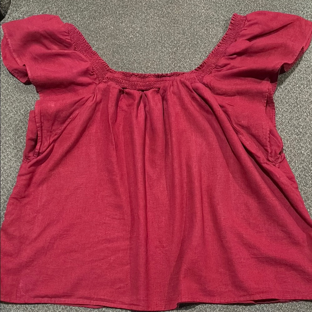 A NEW DAY Top XL Short Sleeve Elastic-Smocked Square Neckline Linen/Rayon